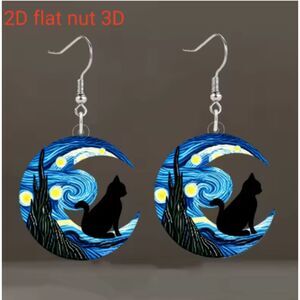 Cat Van Gogh Acrylic Dangle Earrings Black Cat Kitty